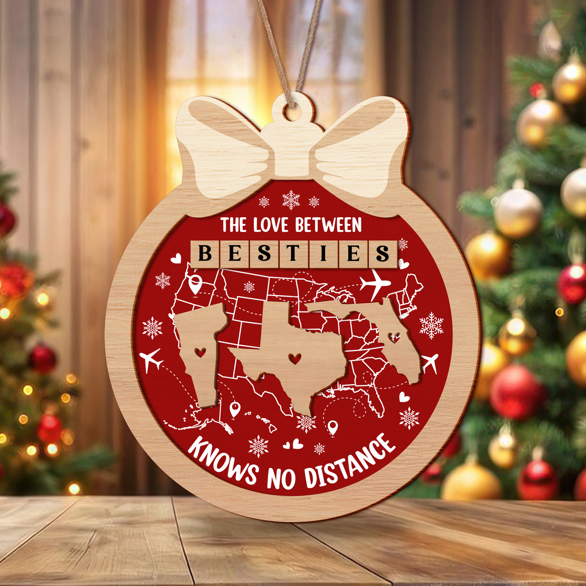 Custom Family Ornament, Family Love Knows No Distance 2 Layer Wooden Ornament LM32 895405