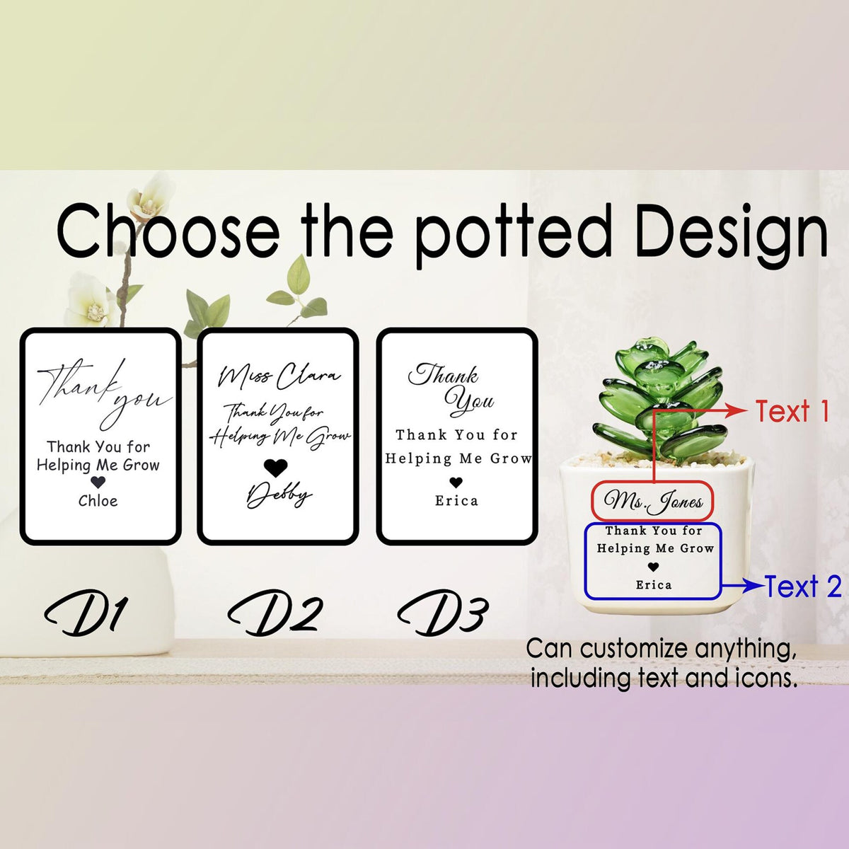 Personalized Thank You for Helping Me Grow Tulip Glass Flower Pot - Teacher Appreciation, Succulent Cactus Figurine, Valentine's Day HO82 901432