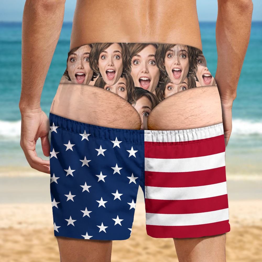 Custom Face Funny Men’s Swim Trunks - Fake Underwear Beach Shorts, Birthday Gag Gift For Him HA75 921946