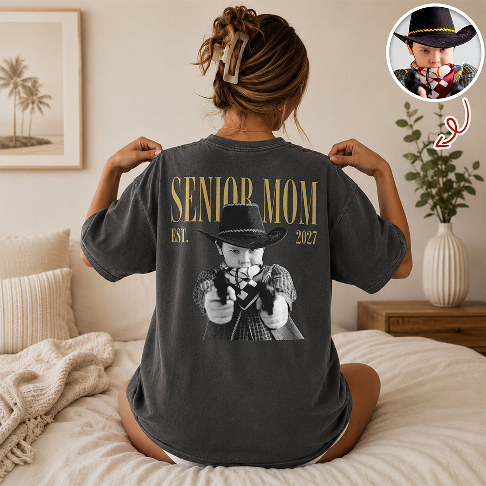 Custom Retro Photo Senior Mom EST. 2027 Back Comfort Shirt - Personalized Class of 2027 Gift, Proud Family Gift HO82 903264