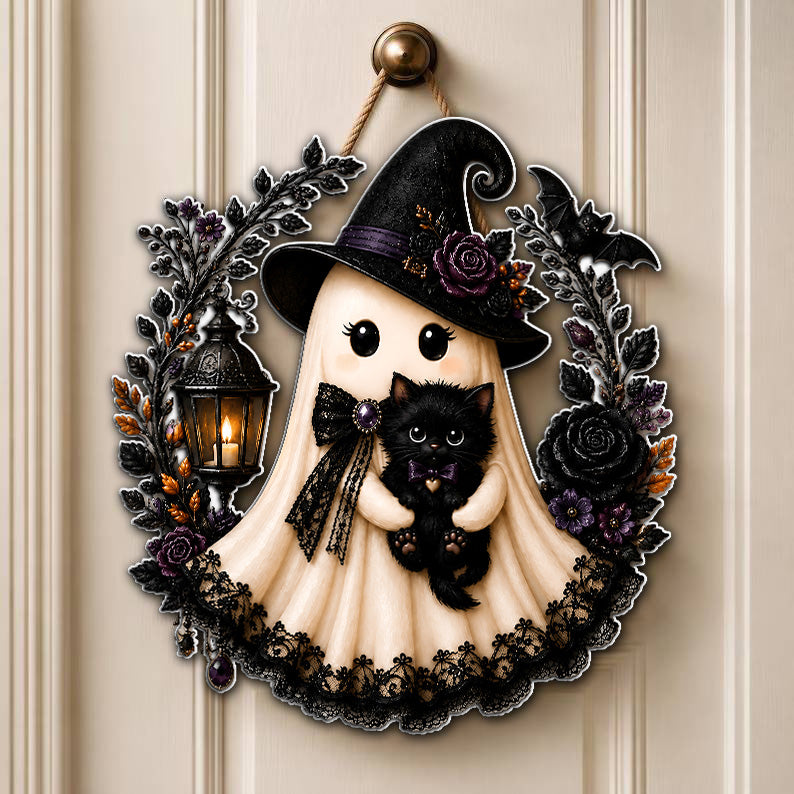 Witch Ghost With Black Cat Halloween Door Sign HO82 903546