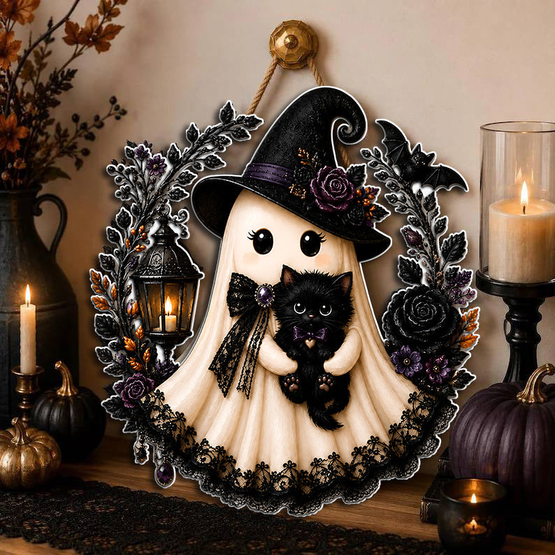 Witch Ghost With Black Cat Halloween Door Sign HO82 903546