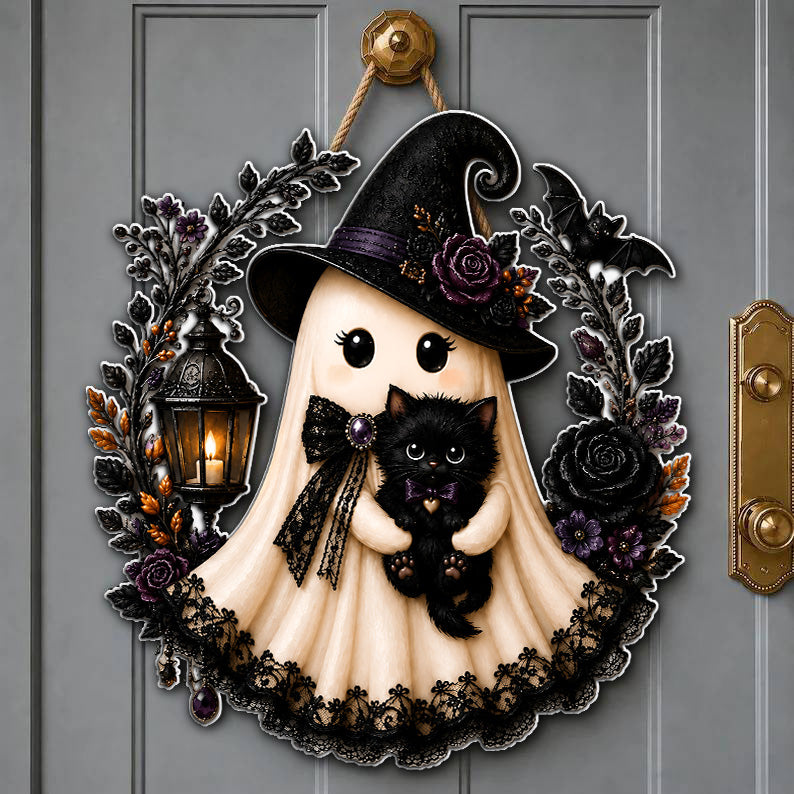 Witch Ghost With Black Cat Halloween Door Sign HO82 903546