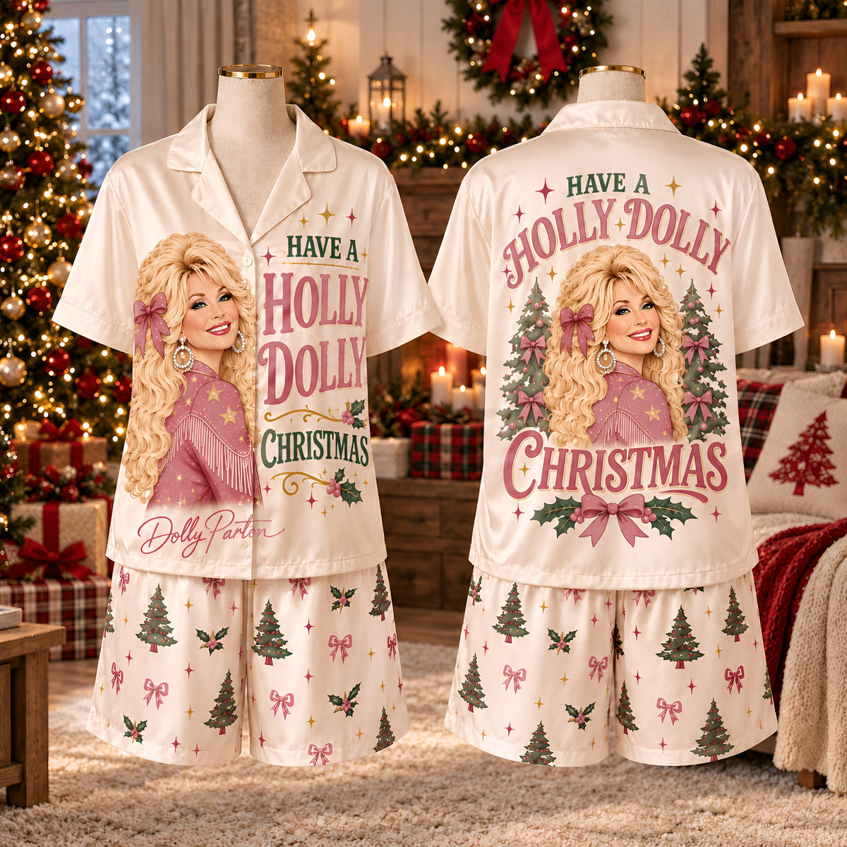 Have A Holly Pink Country Christmas Pajamas Set, Western Family Holiday PJs LM32 670157