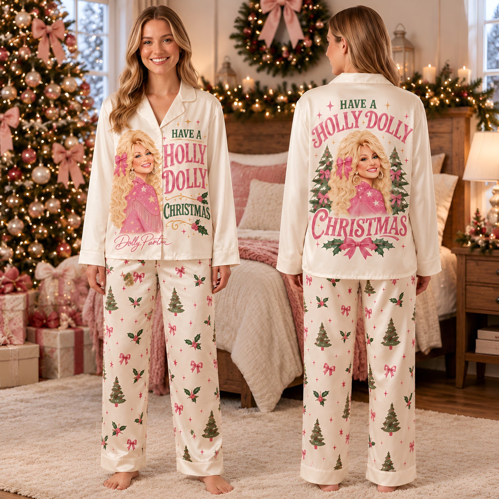 Have A Holly Pink Country Christmas Pajamas Set, Western Family Holiday PJs LM32 670157