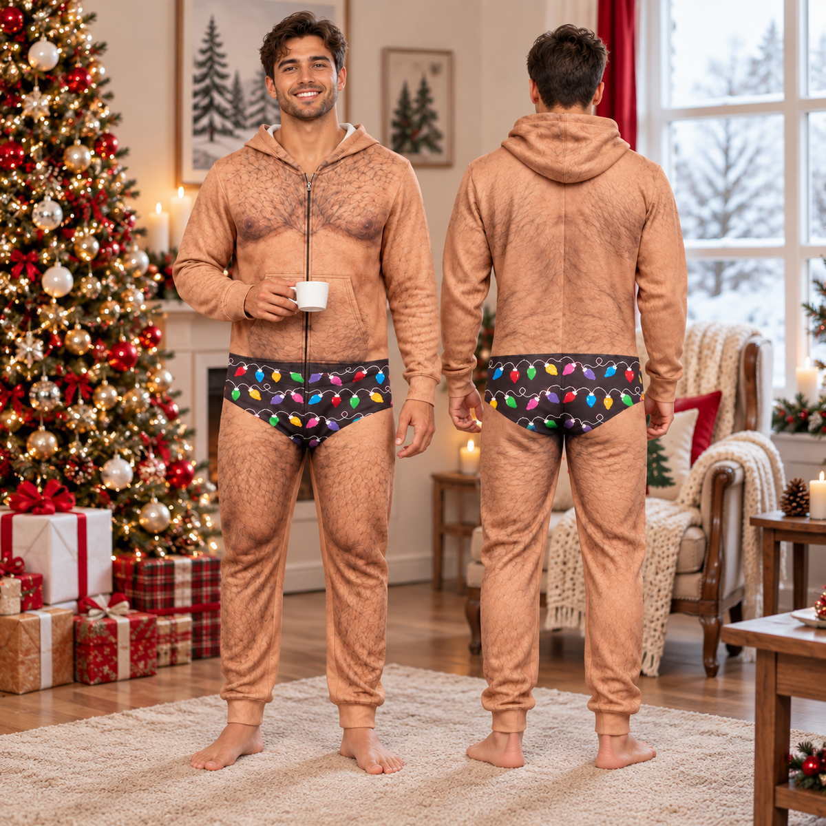 Personalized Funny Hairy Chest Men's Colorful Christmas Lights Underwear Onesie Pajamas HO82 903682
