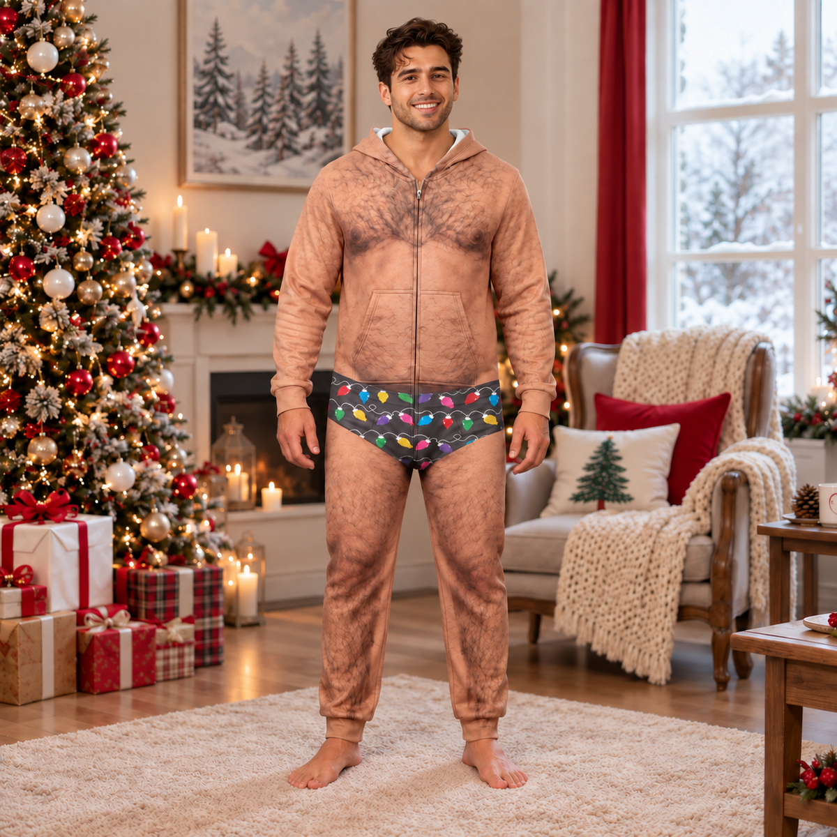 Personalized Funny Hairy Chest Men's Colorful Christmas Lights Underwear Onesie Pajamas HO82 903682