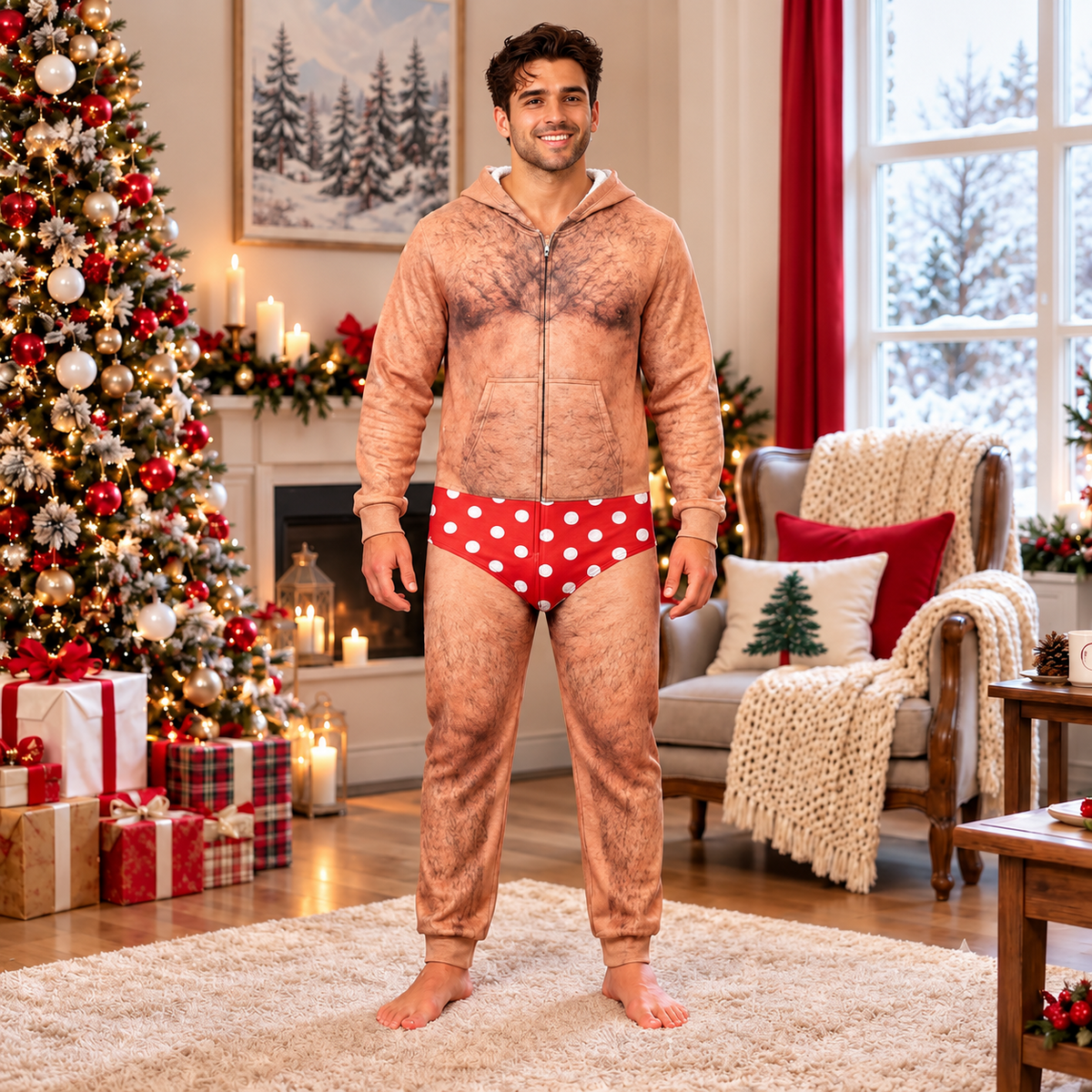 Personalized Funny Hairy Chest Men's Christmas Pattern Underwear Onesie Pajamas HO82 903686