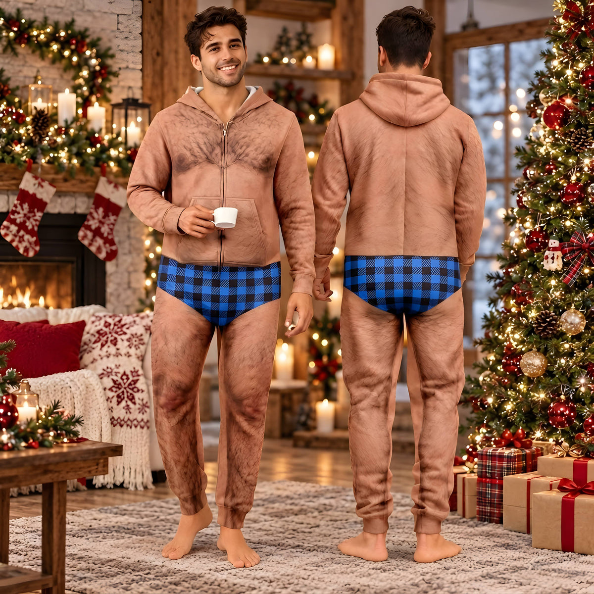 Personalized Funny Hairy Chest Men's Plaid Pattern Underwear Onesie Pajamas HO82 903684