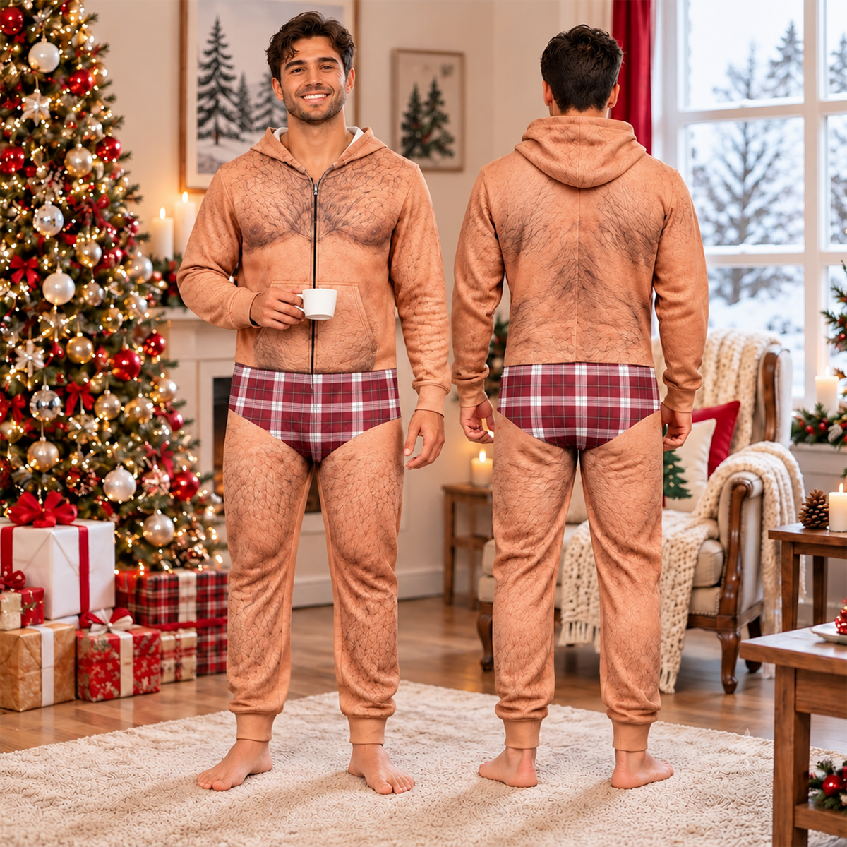 Personalized Funny Hairy Chest Men's Plaid Pattern Underwear Onesie Pajamas HO82 903684