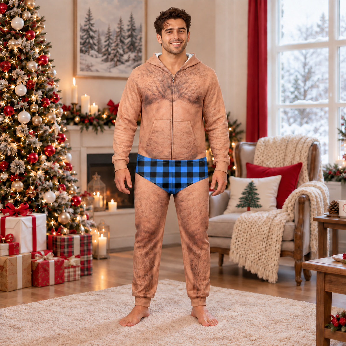 Personalized Funny Hairy Chest Men's Plaid Pattern Underwear Onesie Pajamas HO82 903684