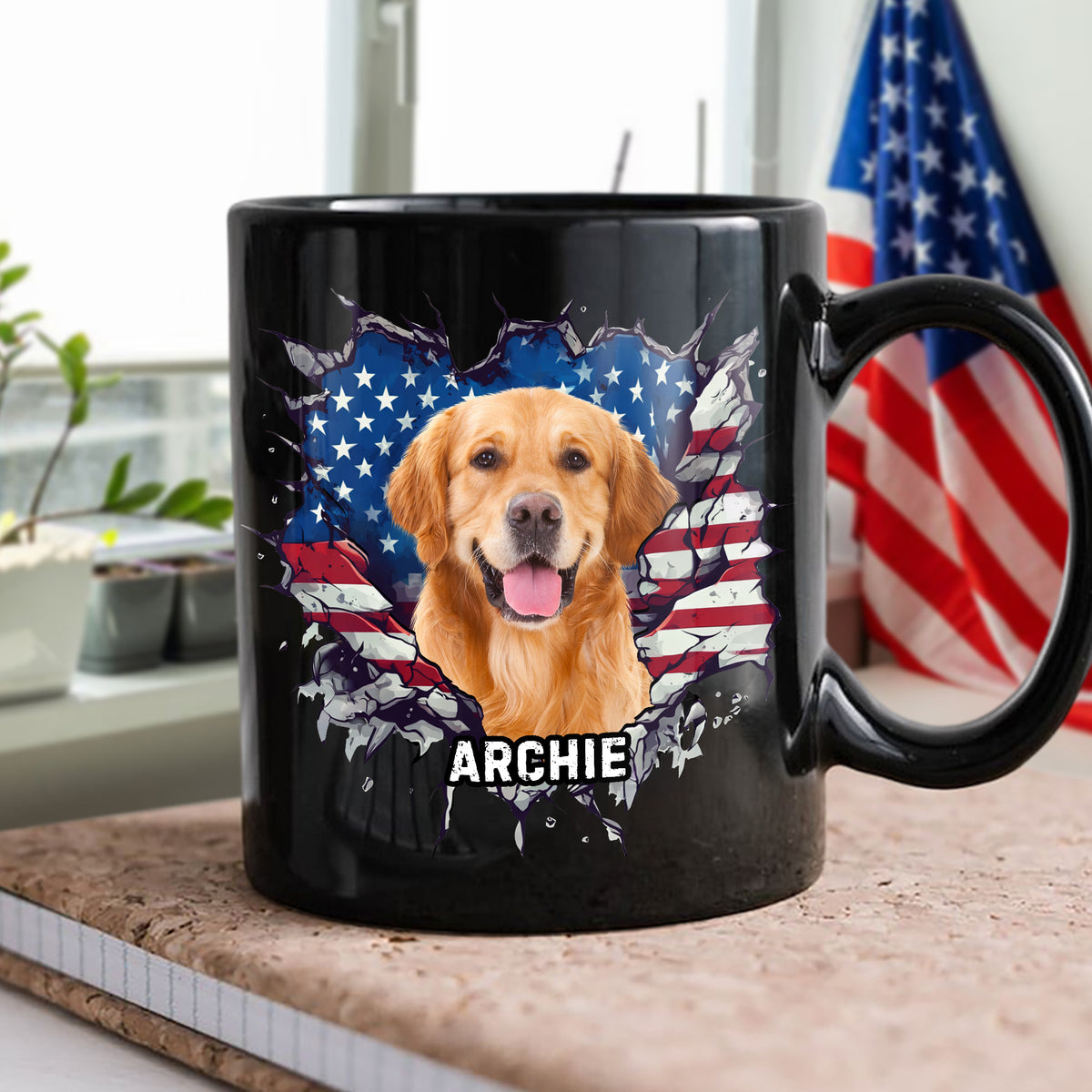 Custom Photo Dog Cat With American Flag Black Mug HA75 920082