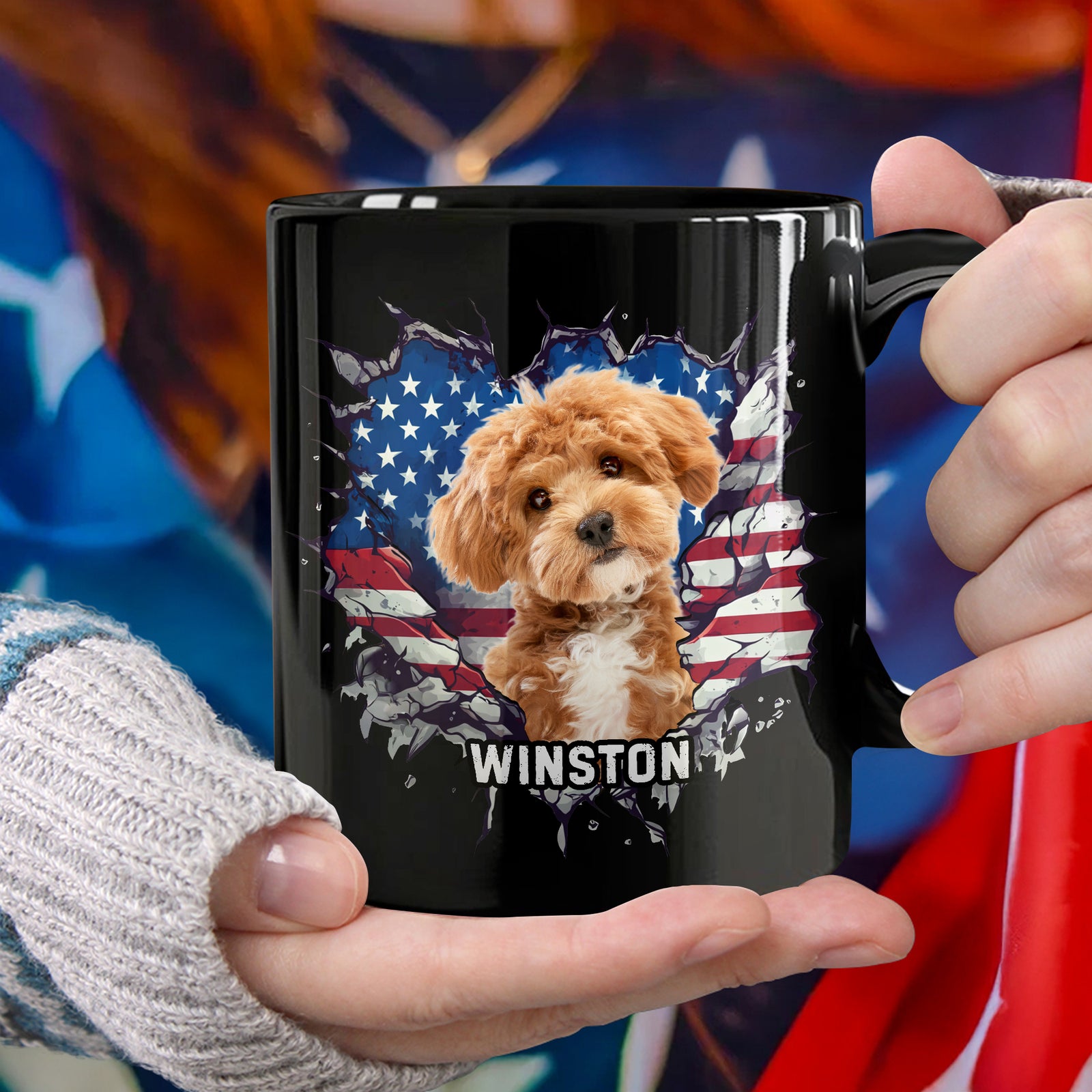 Custom Photo Dog Cat With American Flag Black Mug HA75 920082