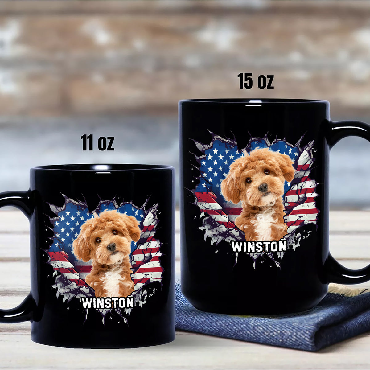 Custom Photo Dog Cat With American Flag Black Mug HA75 920082