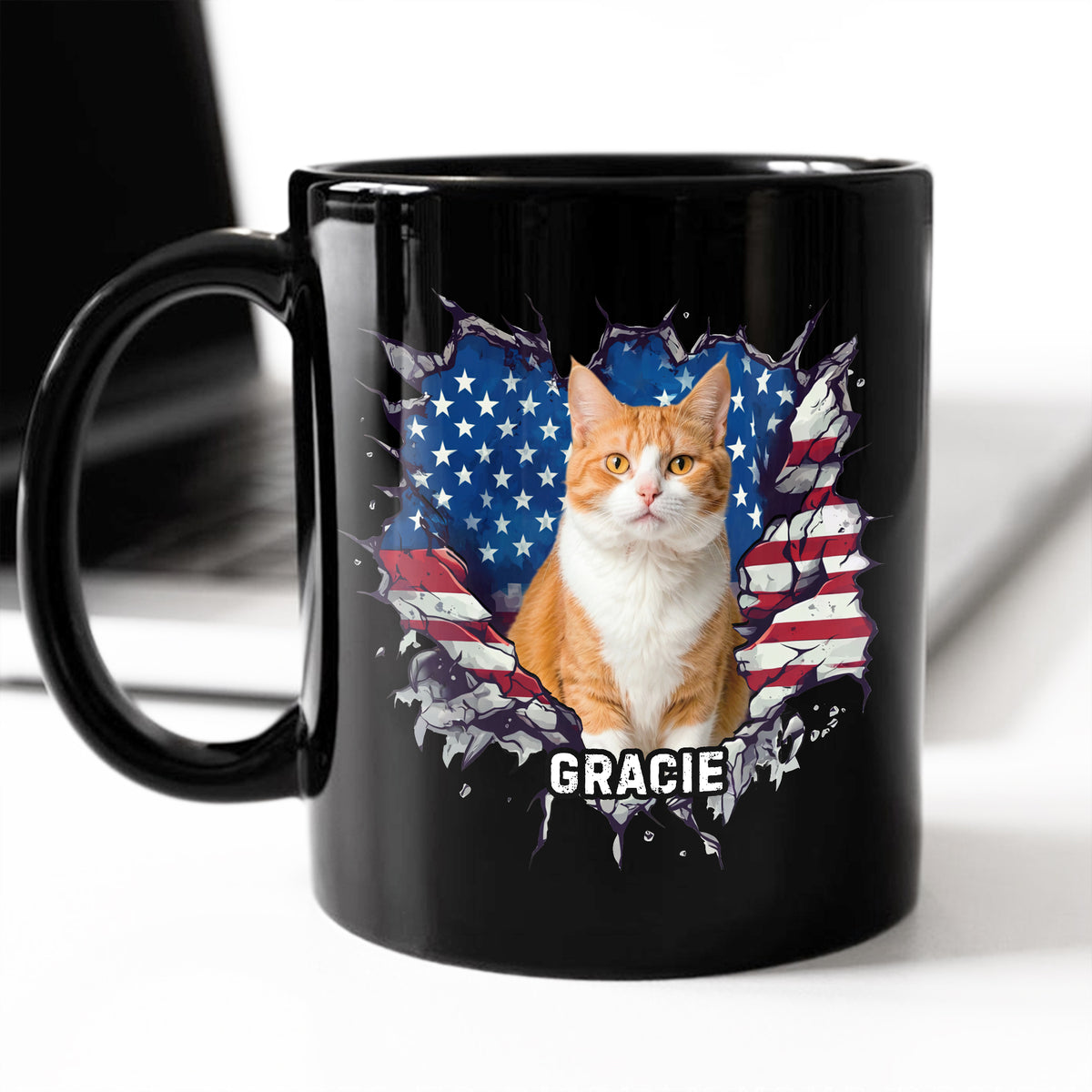 Custom Photo Dog Cat With American Flag Black Mug HA75 920082