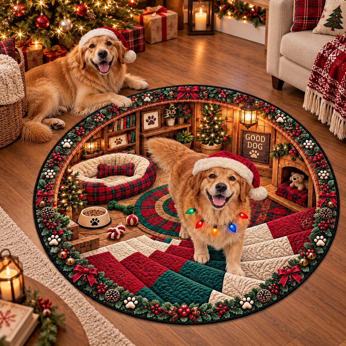 Custom Photo Dog Santa Hat 3D Illusion Round Rug, Christmas Home Decor HA75 57028