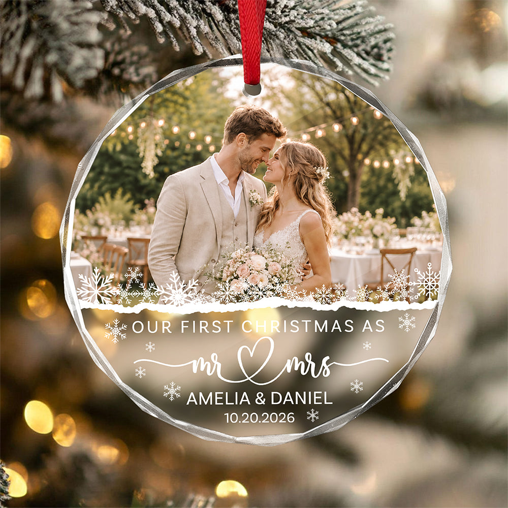Custom Photo Our First Christmas As Mr Mrs Glass Ornament TH10 171427