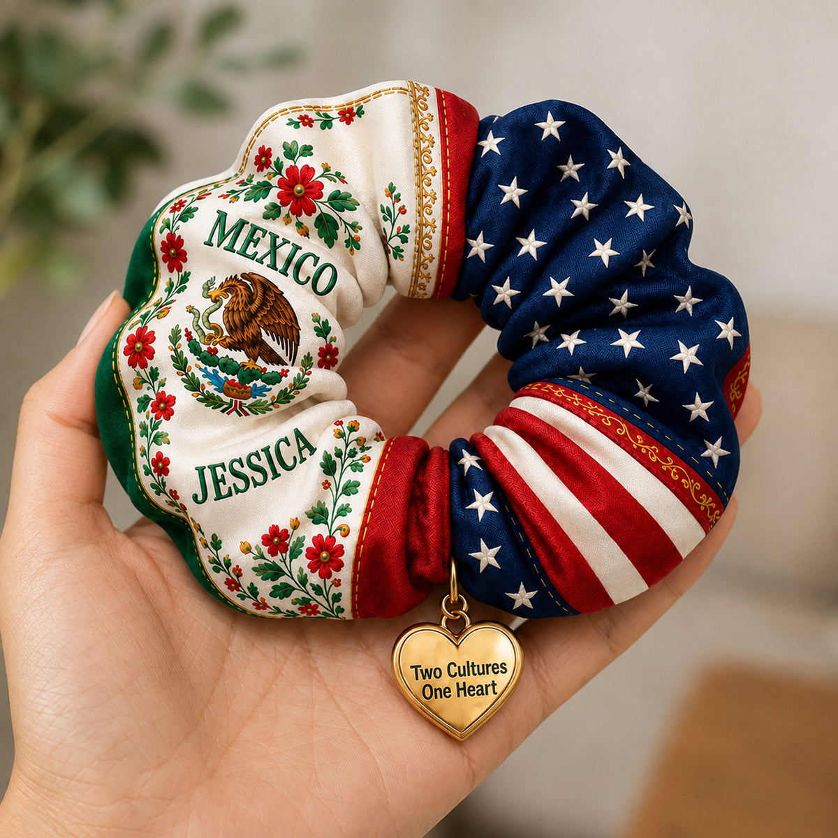 Personalized Mexico USA Scrunchie, Mexican American Hair Tie, Two Cultures One Heart Hair Accessory, Patriotic Gift for Women K228 903382