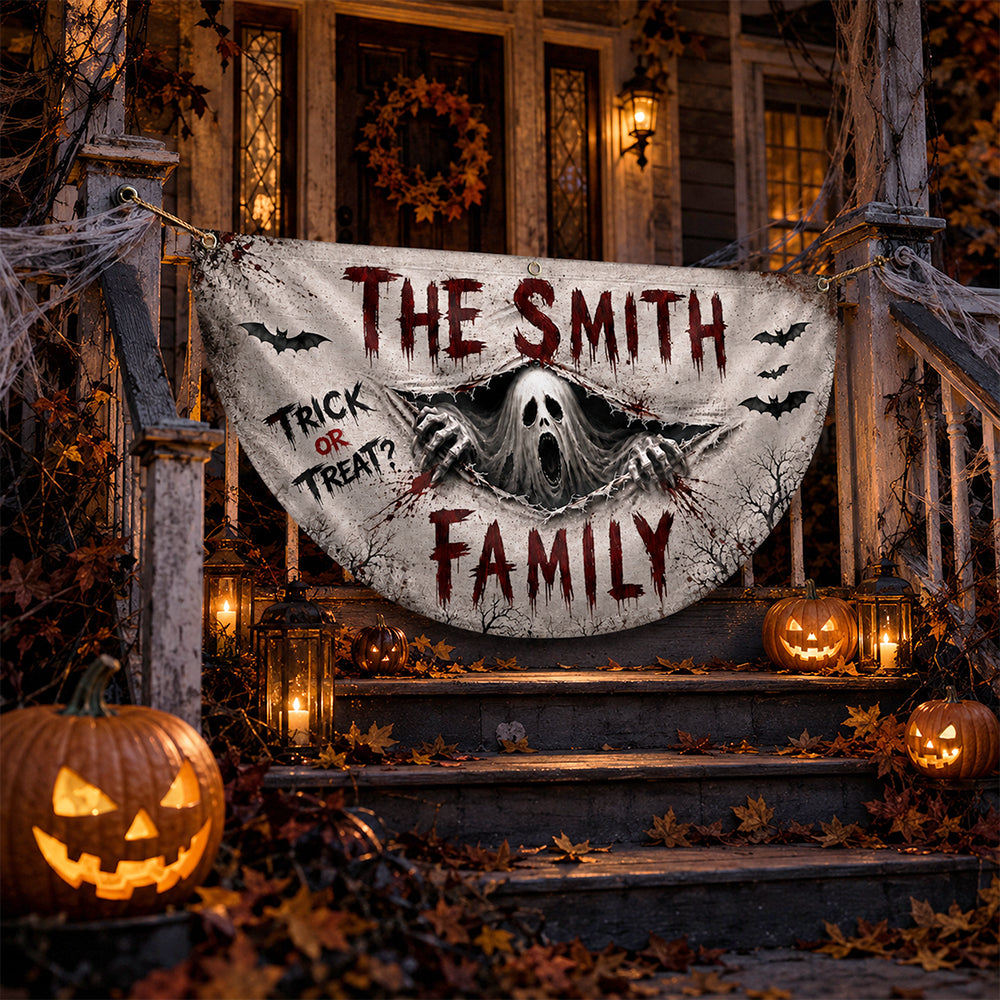 Custom Family Name Spooky Halloween Non-Pleated Fan Flag Trick or Treat Outdoor Hanging Banner LM32 669635