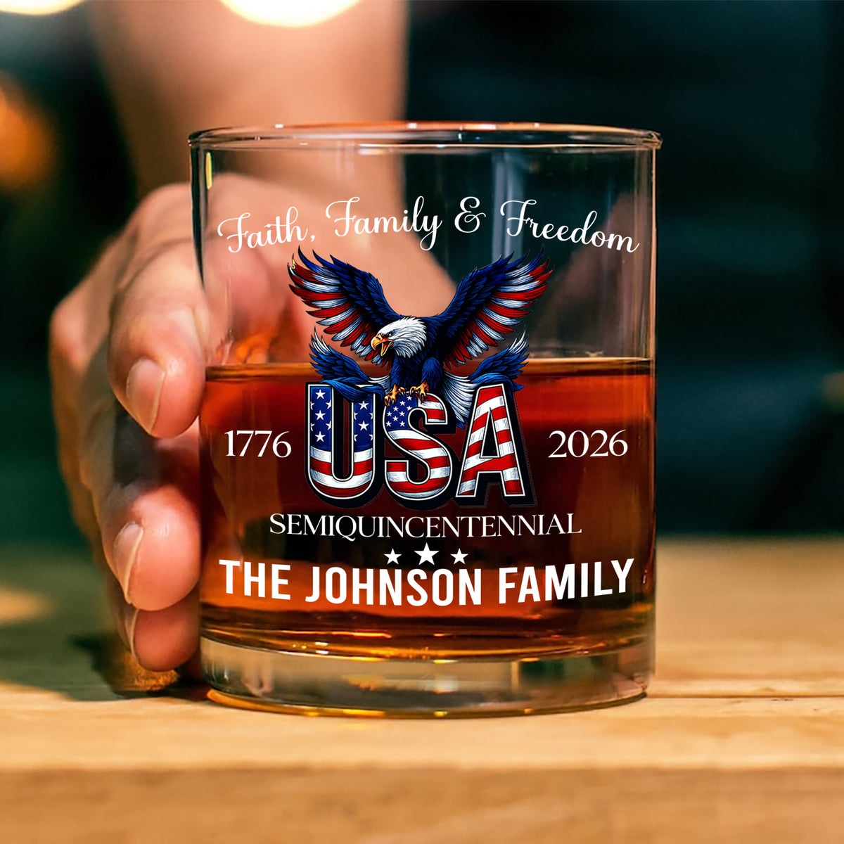 Custom Name Faith, Family & Freedom America 250 Years Patriotic Whiskey Glass LM32 897719