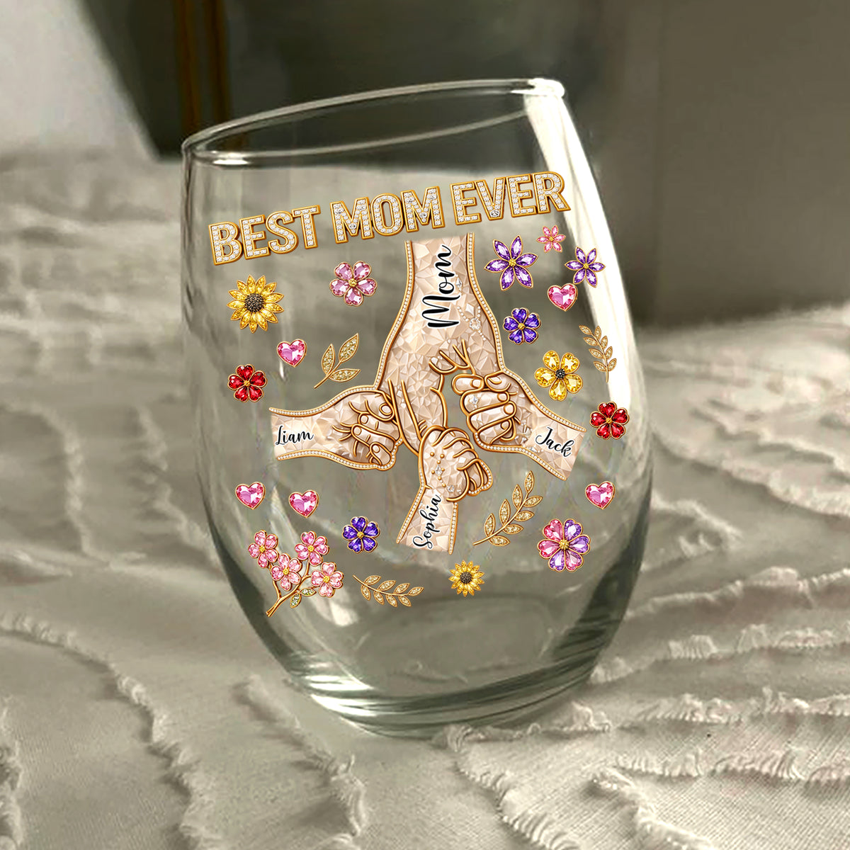 Best Mom Ever Personalized Holding Hand 3D Effect Wine Glass CH07 911196