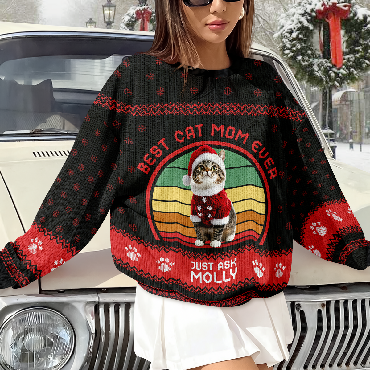 Custom Photo Best Cat Dad/Mom Ever - Personalized Unisex Ugly Sweater Christmas Gift For Cat Lovers HO82 900414