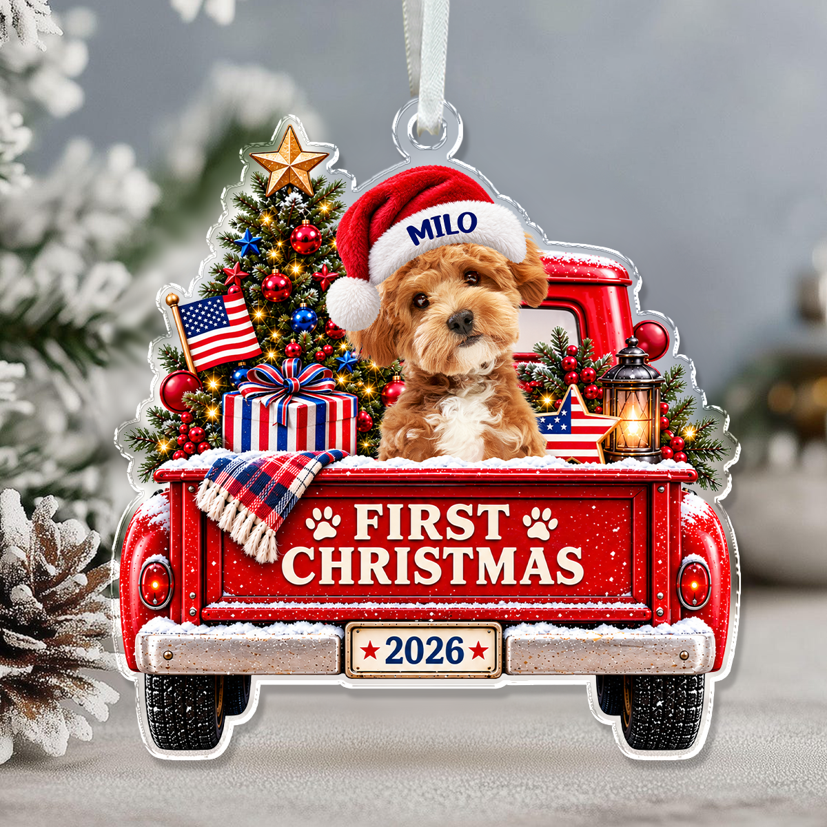 Custom Dog Photo First Christmas Acrylic Ornament, Personalized Pet Holiday Keepsake HA75 919364