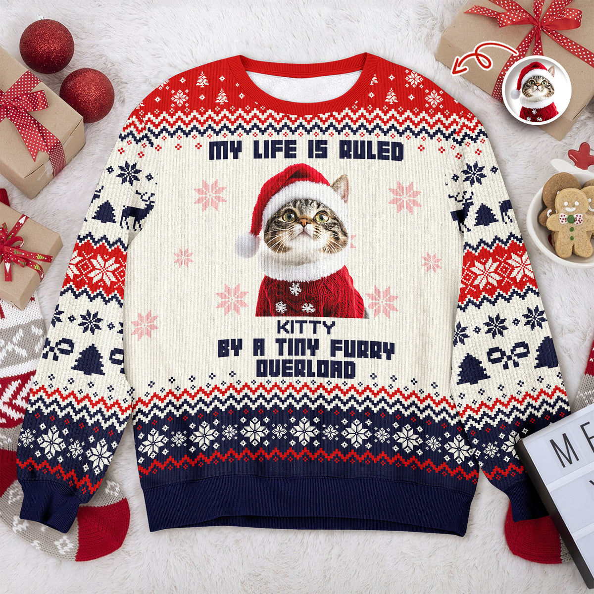 Custom Cute Cat Photo Ruled By Tiny Furry Overlord Ugly Sweater LM32 895585
