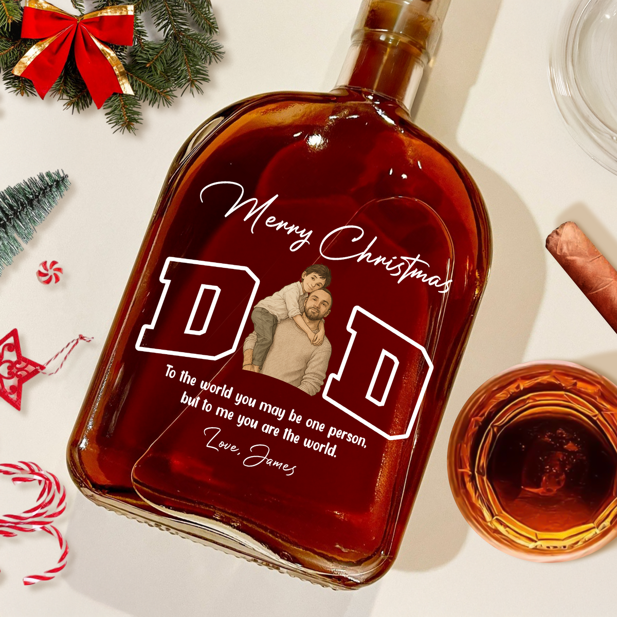 Custom Portrait Photo Merry Christmas Dad Kid Play Together Whiskey Bottle LM32 893867