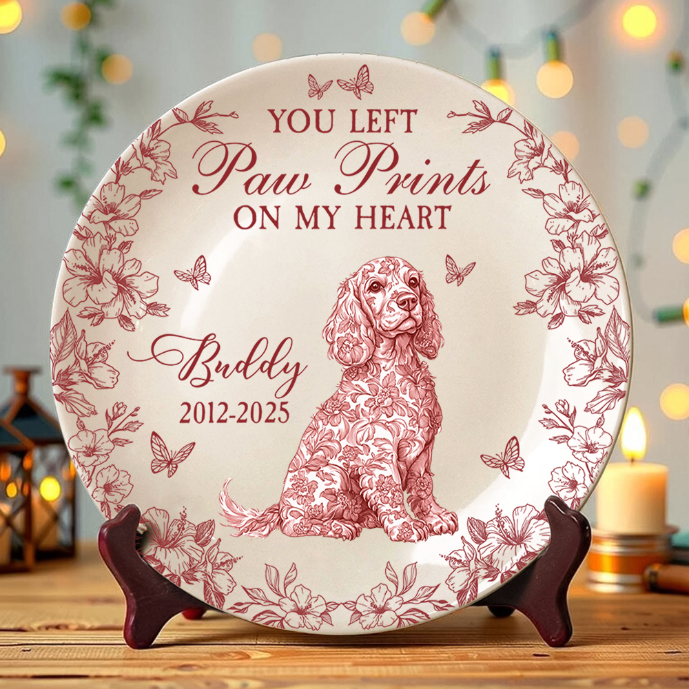 Custom Dog Breeds You Left Paw Prints On My Heart Chinoiserie Toile De Jouy Style Personalized Memorial Ceramic Plate HA75 892652