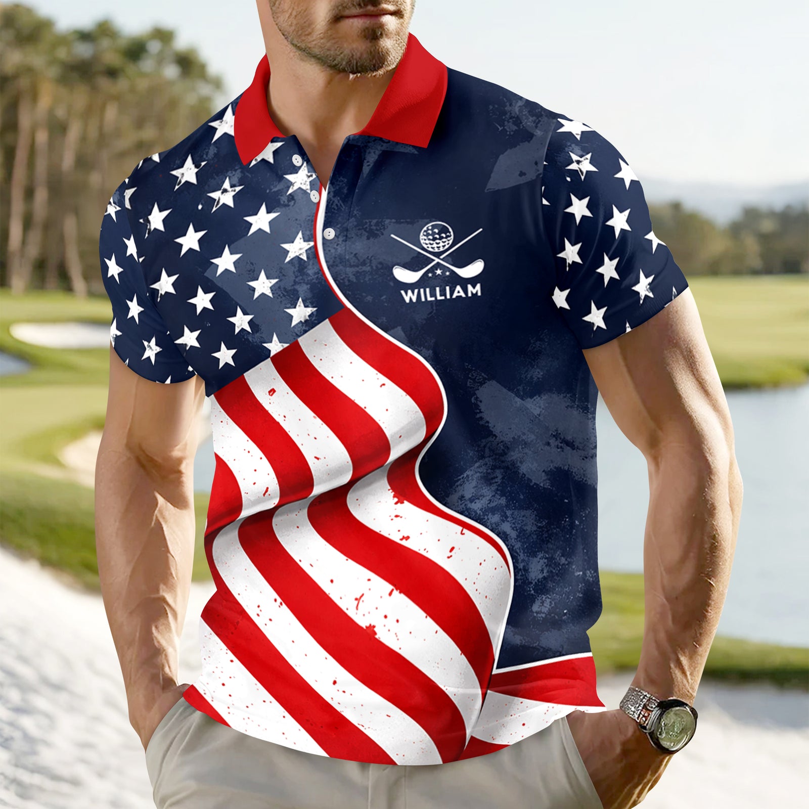 Custom Name America Flag Eagle Polo Shirt - 250th Anniversary Patriotic Gift for Golfers TH10 169565