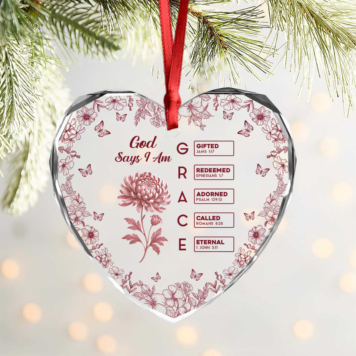 God Says I Am Name Letter In Bible Toile De Jouy Style - Personalized Heart Glass Ornament CH07 896964