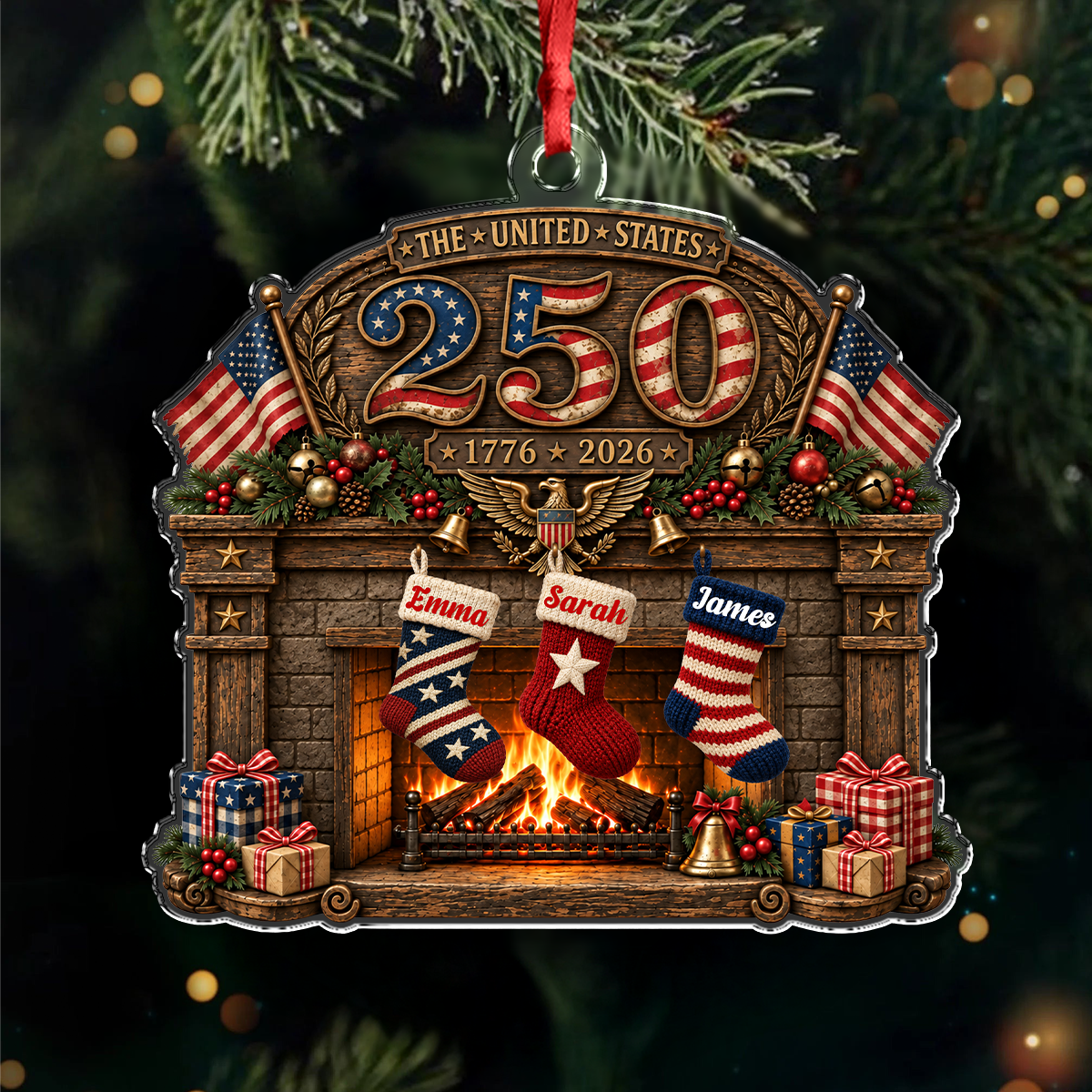 Personalized Custom Family Name Patriotic Christmas Fireplace Stocking 250th Anniversary Acrylic Ornament For Family TH10 171039