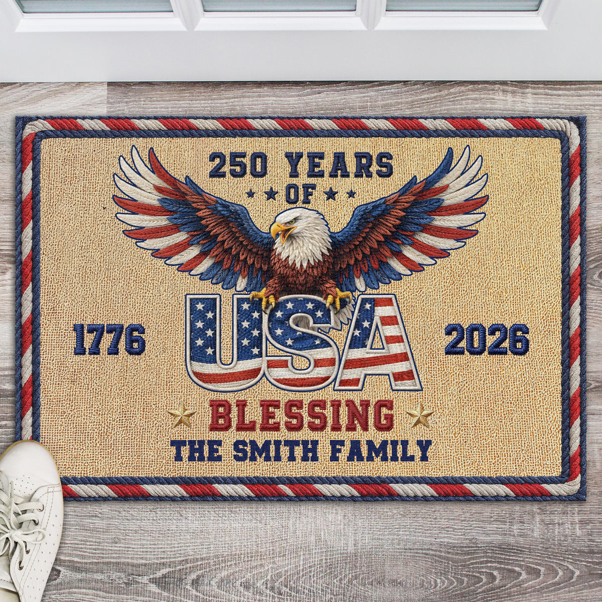 Personalized Family Name 250 Anniversary 1776 - 2026 USA Patriotic Faux Pattern Doormat - 2D Printed Not Embroidered Patriotic America Decor HO82 901582