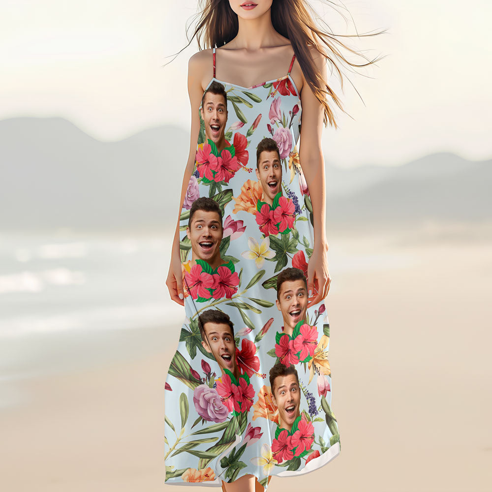 Custom Human Photo Tropical Women's V-Neck Cami Maxi Dress HO82 893608