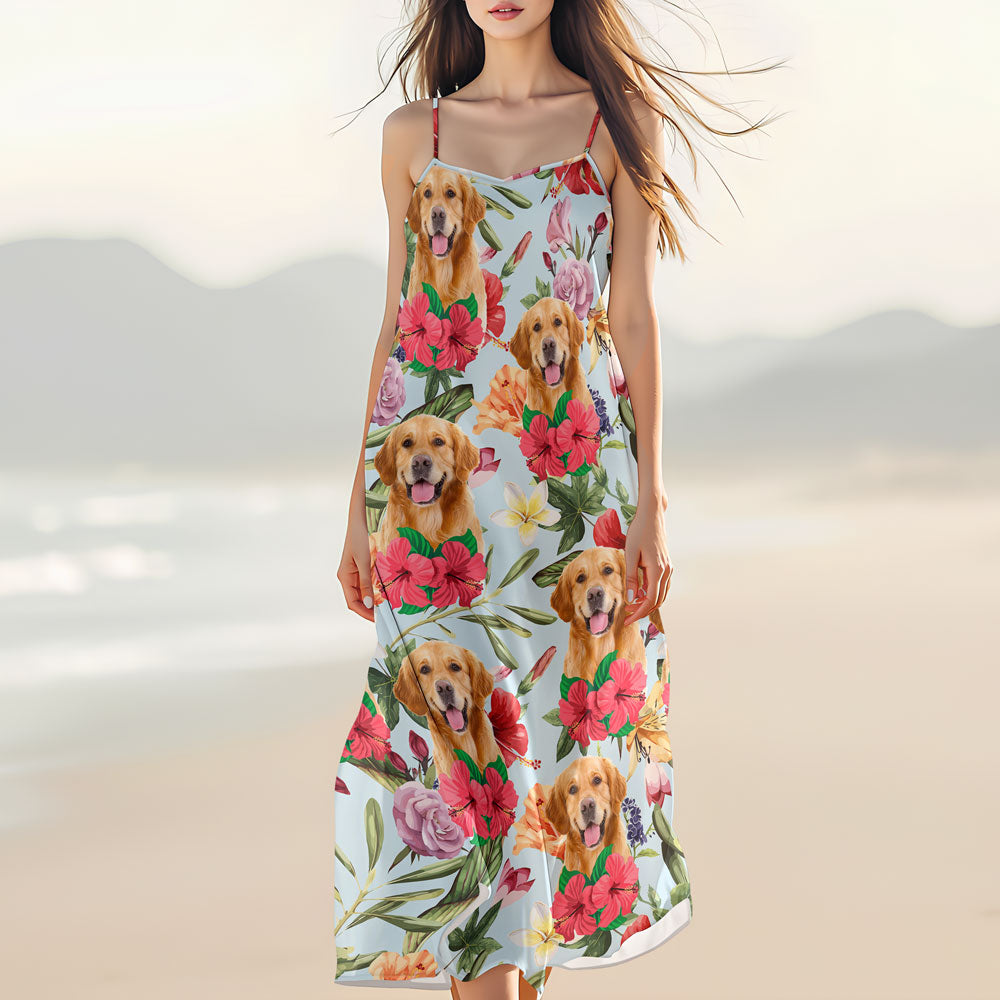 Custom Dog Photo Tropical Women's V-Neck Cami Maxi Dress HO82 893604