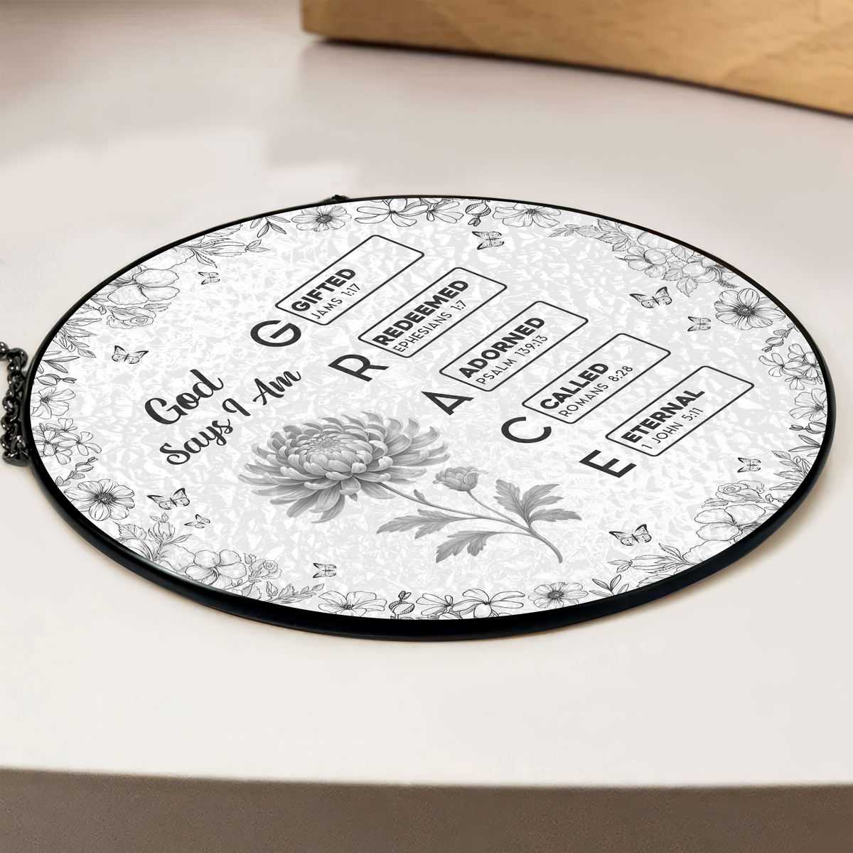 God Says I Am Name Letter In Bible Toile De Jouy Style - Personalized Stained Glass Suncatcher CH07 896962