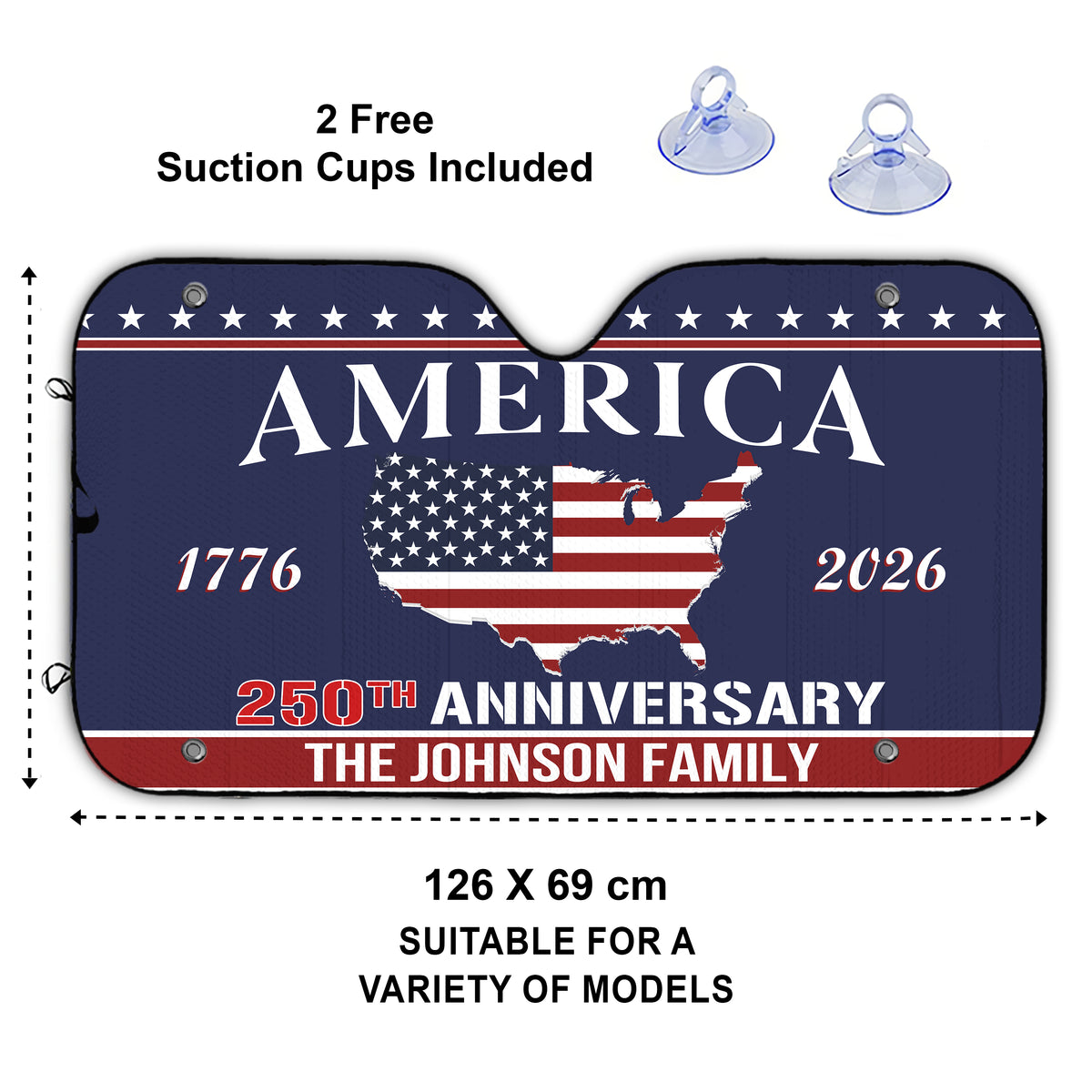 Custom Family Name US 250 Years Anniversary 1776-2026 America Flag Car Sunshade LM32 897763