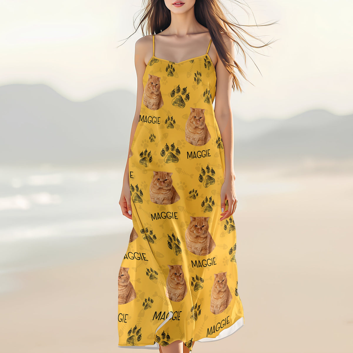 Custom Cute Pet Photo Paw Women's V-neck Cami Maxi Dress LM32 893315