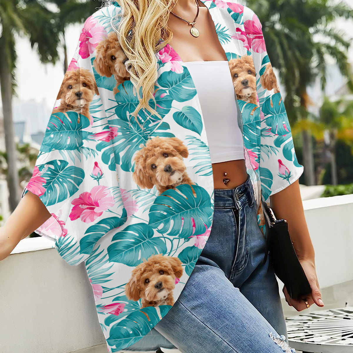 Custom Photo Tropical Leaves And Pet - Dog & Cat Personalized Kimono TH10 169513