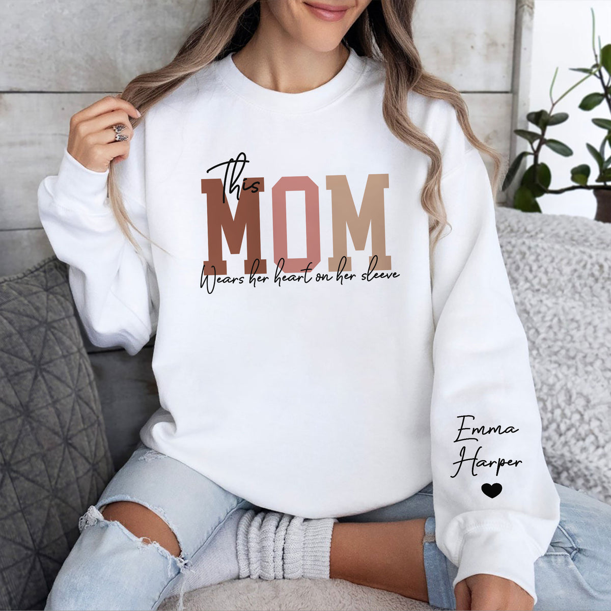 Custom Name This Mama Wears Her Heart On Her Sleeve - Personalized Sleeve Sweatshirt LM32 899091