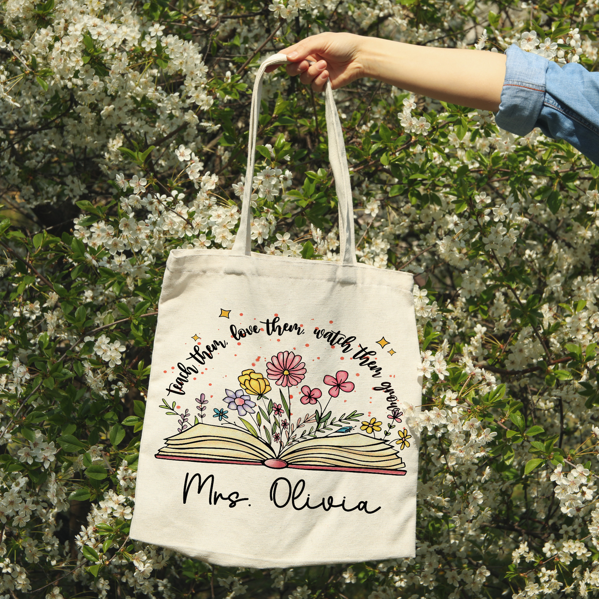 Personalized Name Teacher Appreciation With Flower and Book Tote Bag Gift For Teacher LM32 893739
