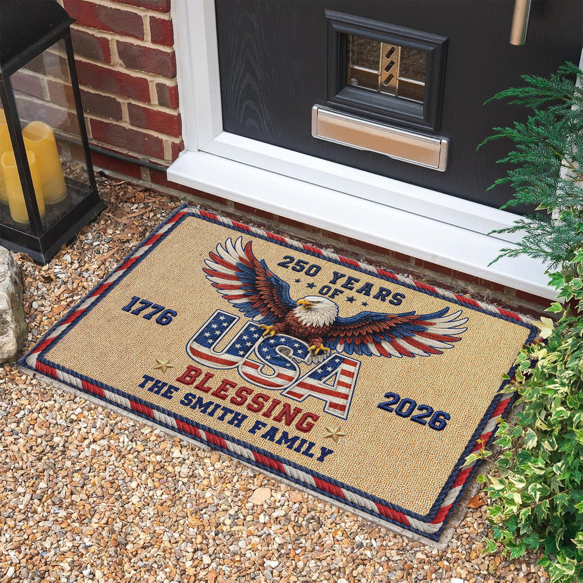Personalized Family Name 250 Anniversary 1776 - 2026 USA Patriotic Faux Pattern Doormat - 2D Printed Not Embroidered Patriotic America Decor HO82 901582