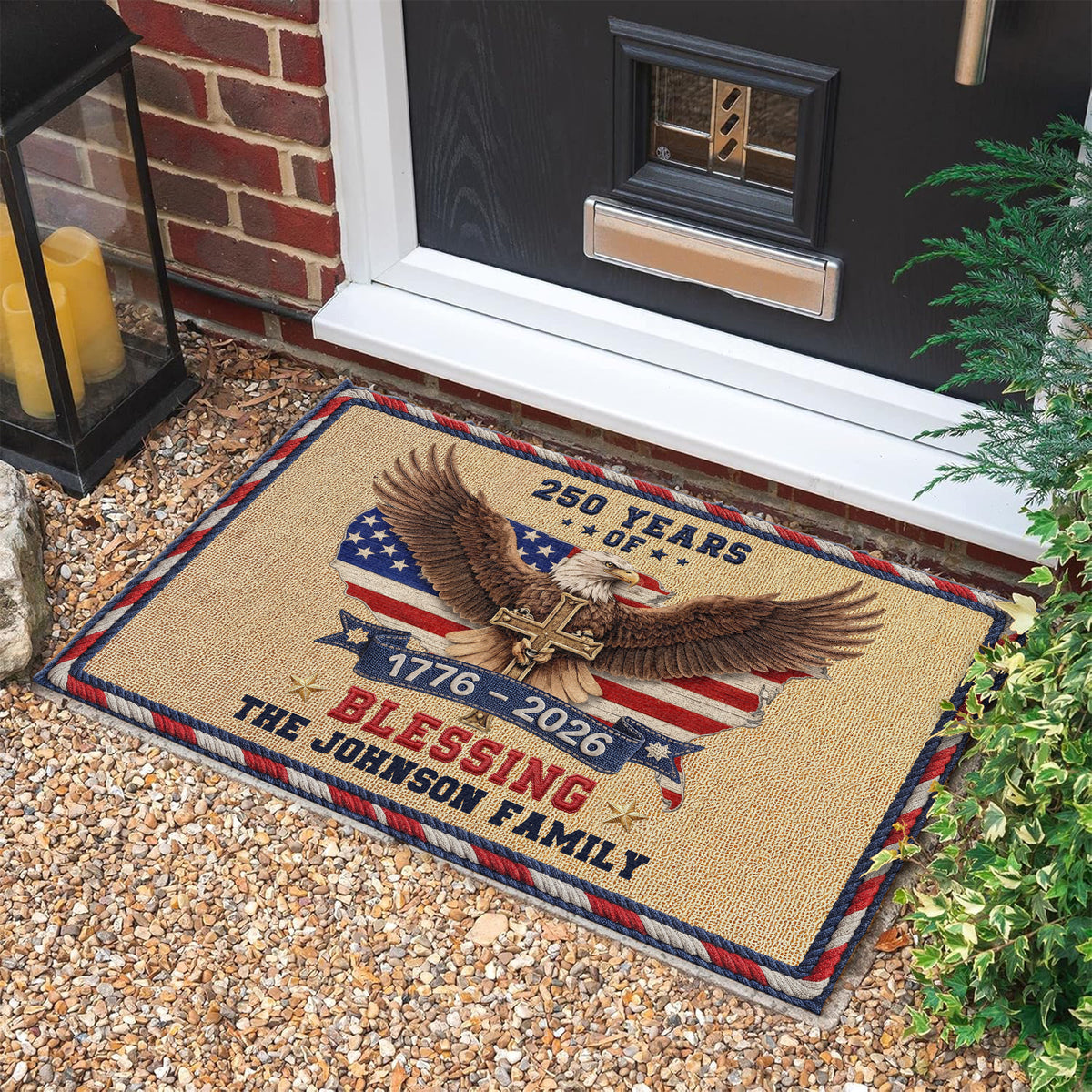 Personalized Family Name 250th Anniversary USA Patriotic Faux Pattern Doormat - 2D Printed Not Embroidered Patriotic America Decor HO82 901578