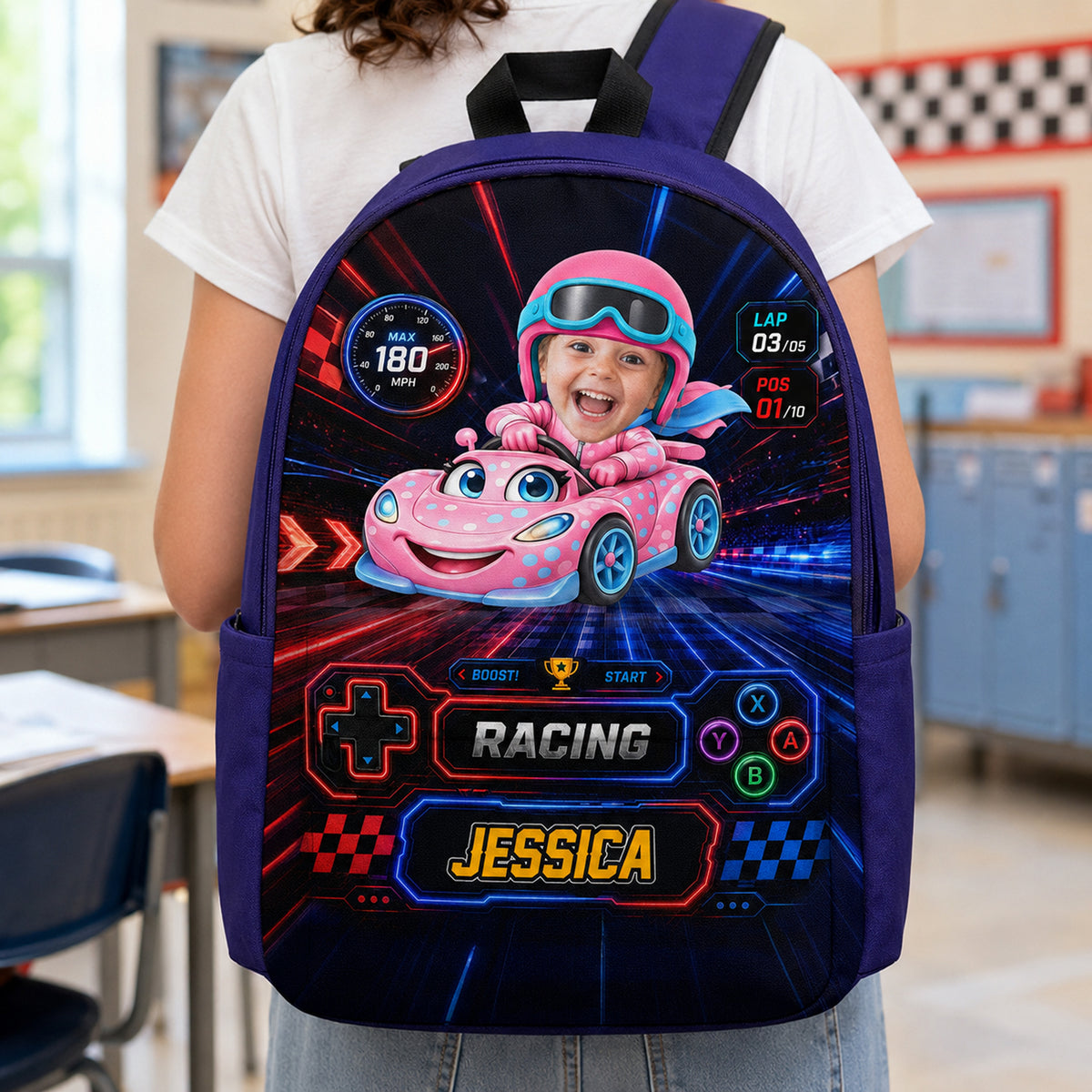Personalized Photo Racing Car Backpack for Kids LM32 669611