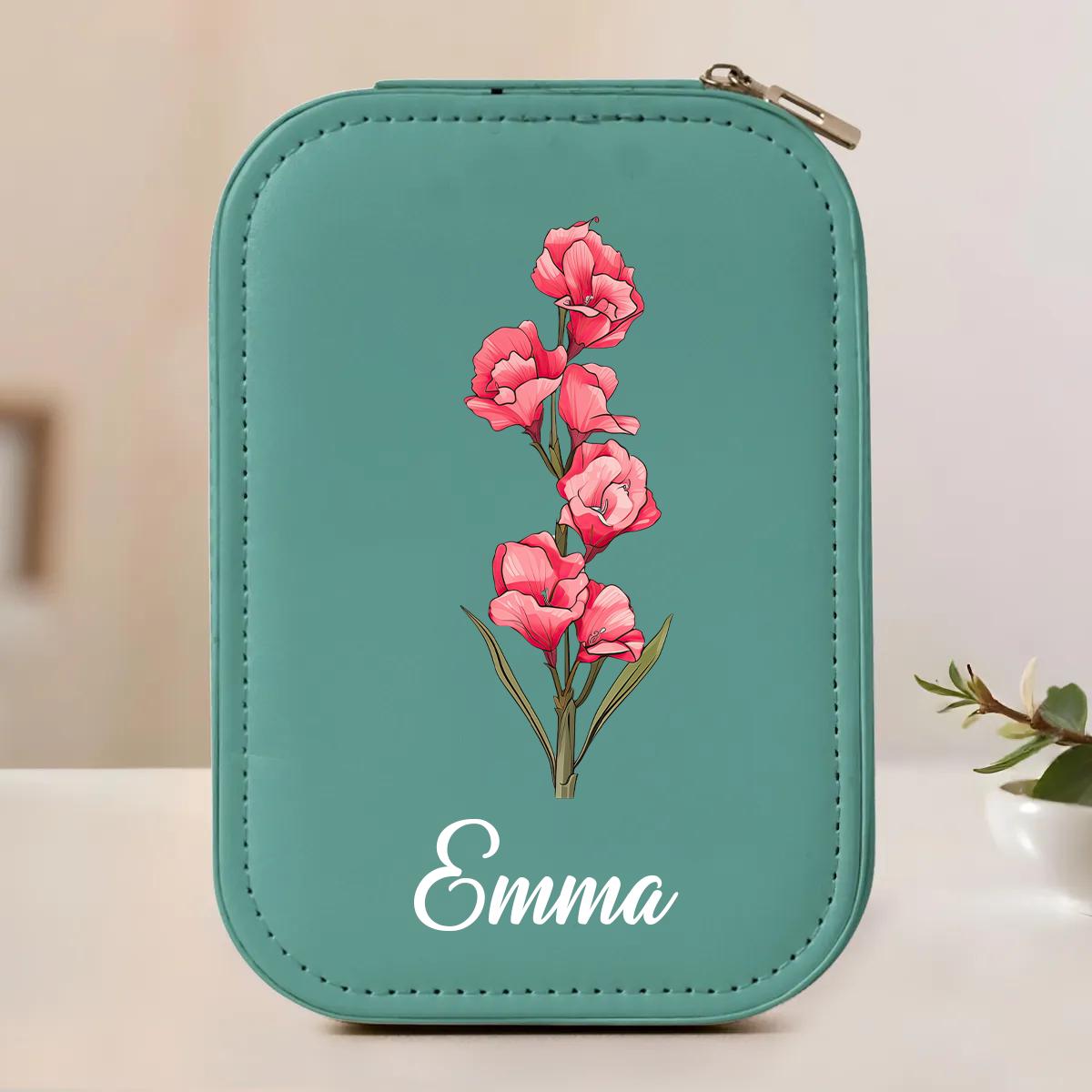 Personalized Birth Flower Leather Travel Jewelry Box with LED Mirror 100204