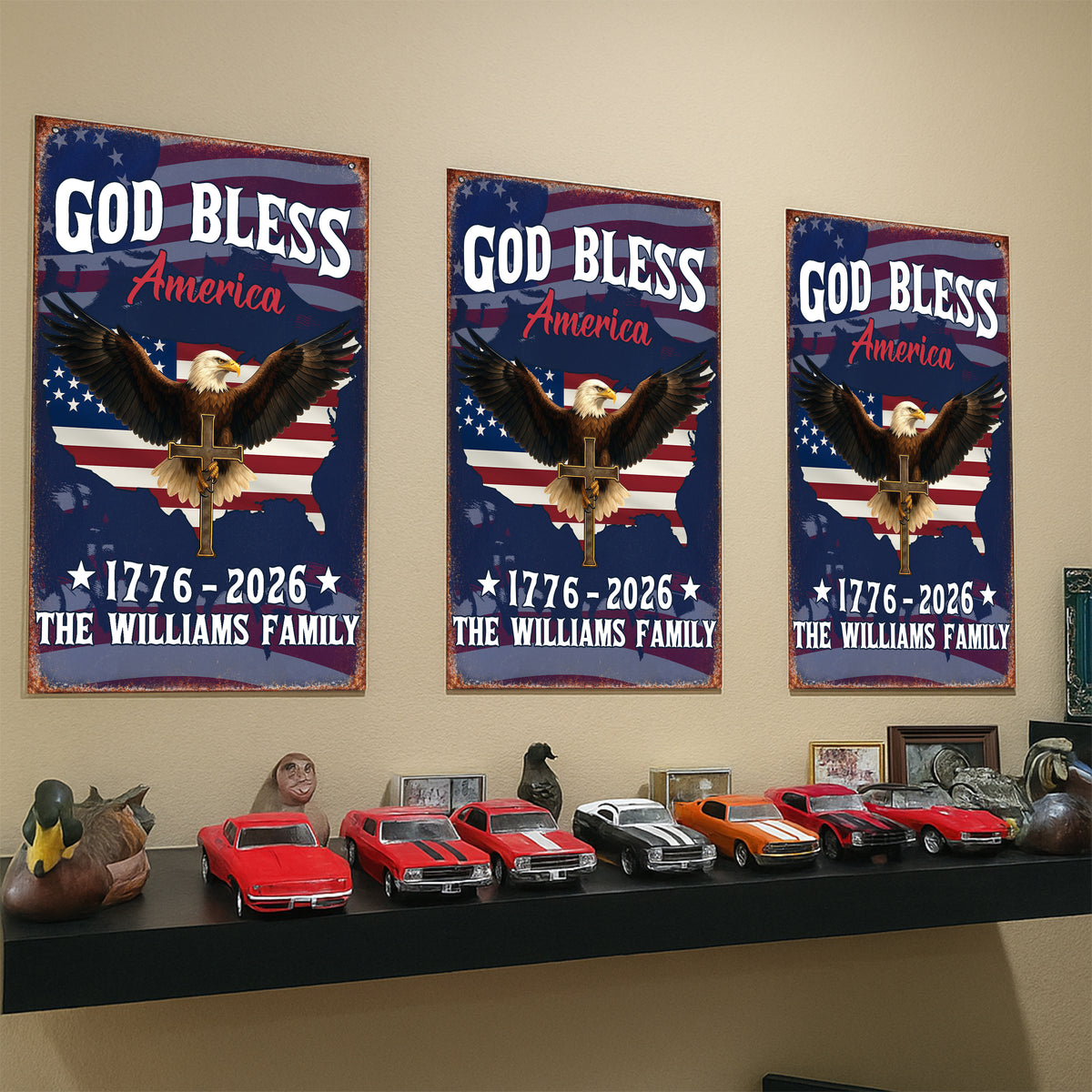 Custom Family Name God Bless America Eagle 1776–2026 Patriotic Metal Sign HA75 920120