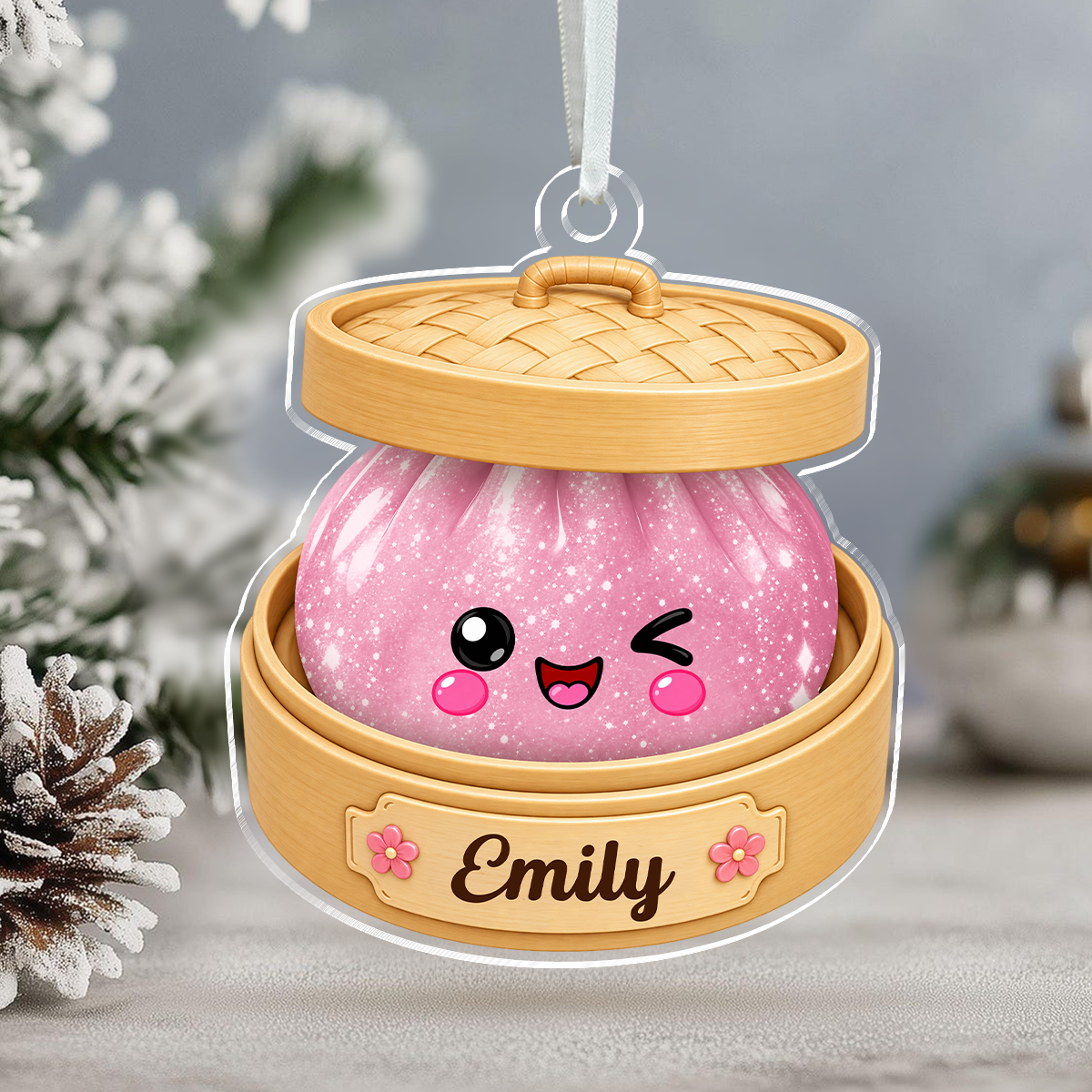 Personalized Glitter Dumpling Bamboo Steamer Acrylic Ornament, Food Lover Holiday Keepsake HO82 903732