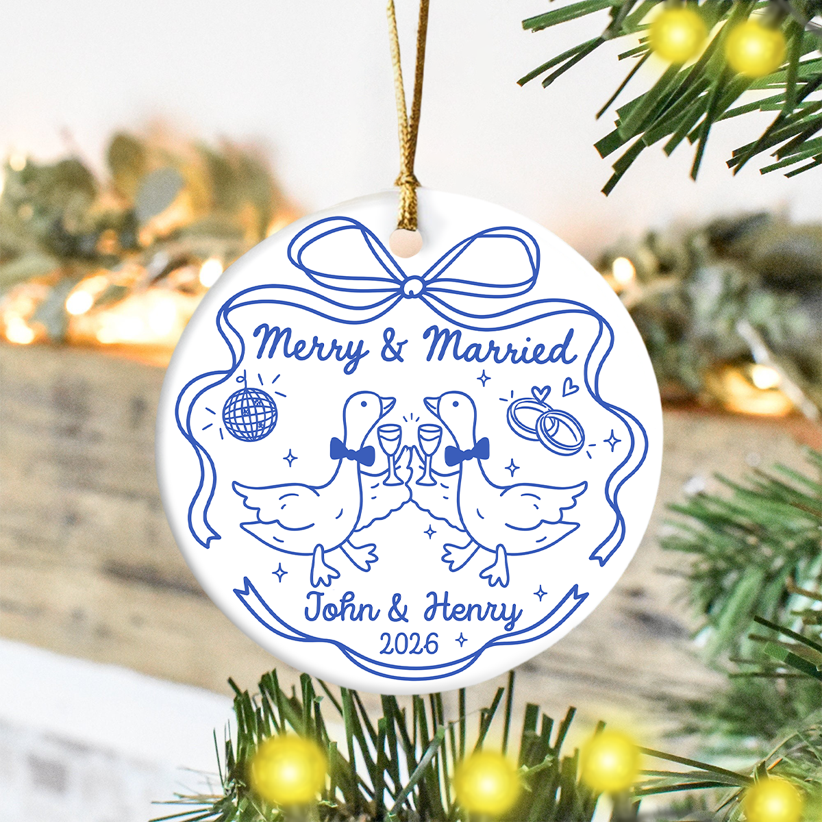 Personalized Names Merry And Married Ceramic Ornament, Custom First Christmas Married Ornament, Wedding Keepsake, Christmas Gift HA75 921984
