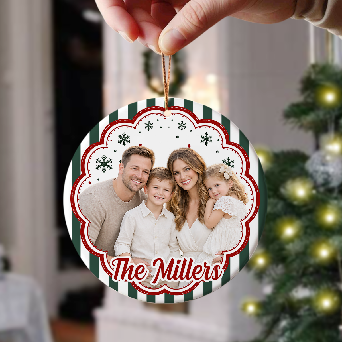 Custom Family Photo Striped Pattern Ceramic Christmas Ornament HA75 922130